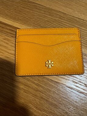 Tory Burch Orange Saffiano Leather Card Holder with Gold Logo